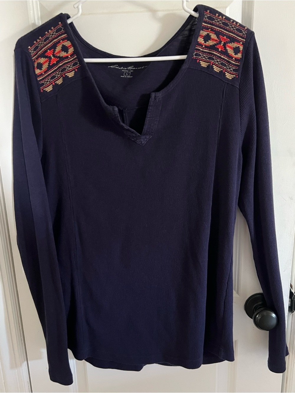 Eddie Bauer Navy Long Sleeve Top with Red & Tan Embroidered Shoulders